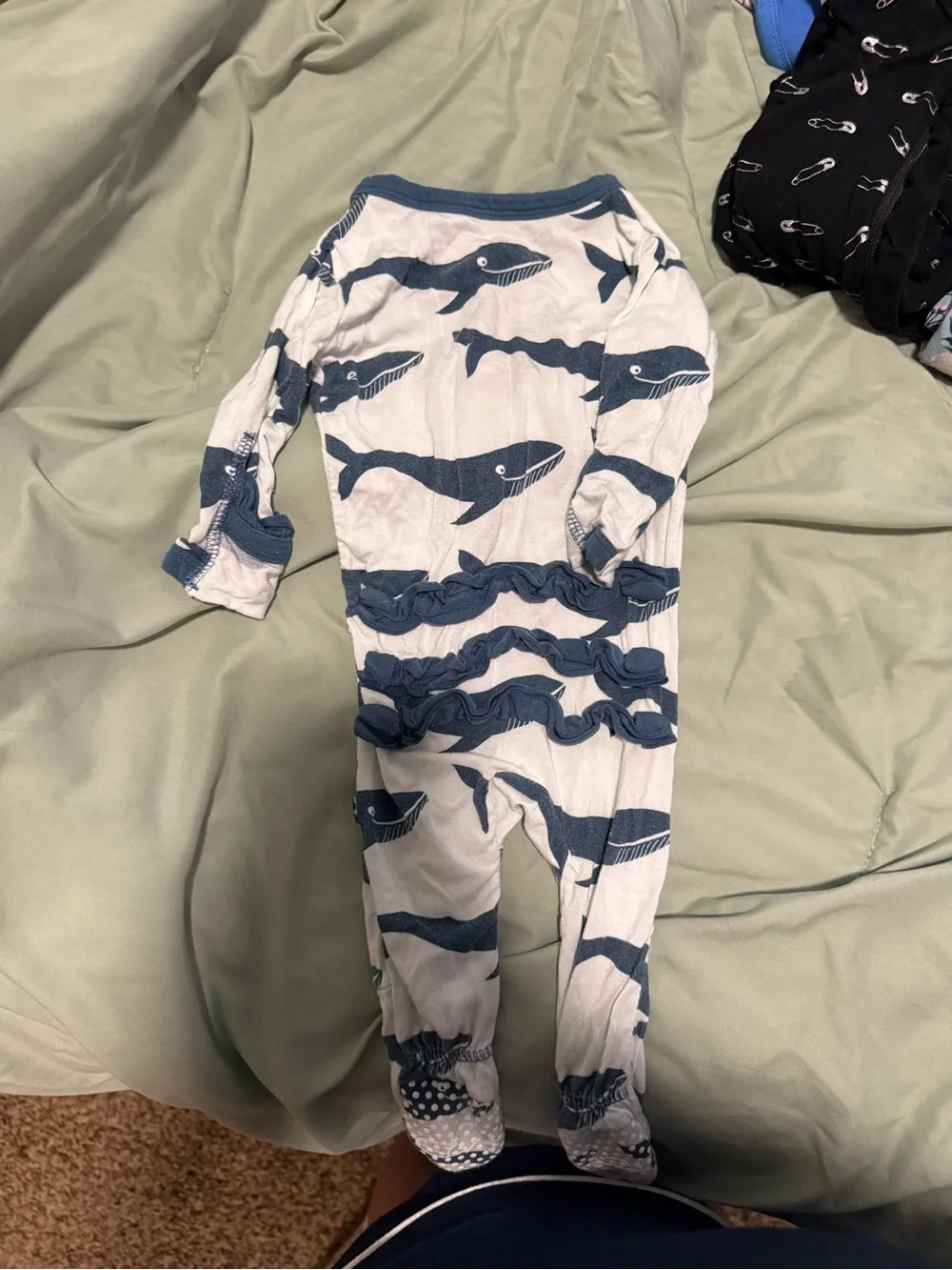 Kickee Pants Cream and Navy Whale Footed One-Piece